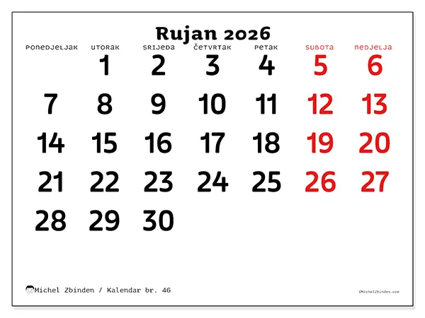 Kalendar rujan 2026 za ispis - Jasna vizija
