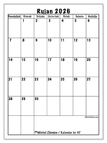 Kalendar rujan 2026 za ispis - Jasno planiranje