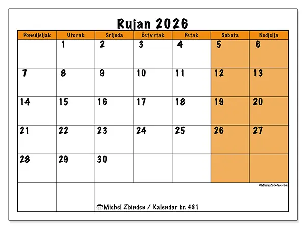 Kalendar rujan 2026 za ispis