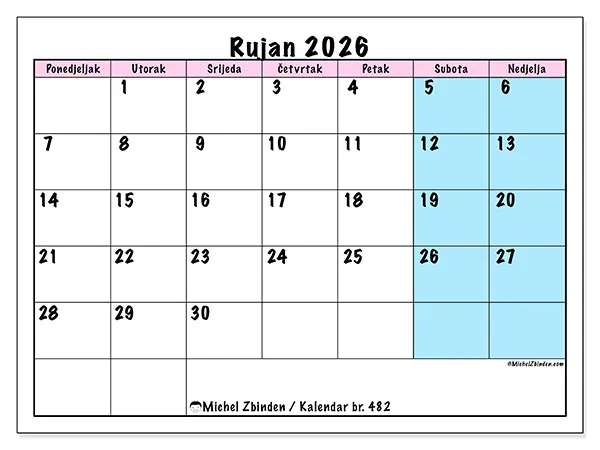 Kalendar rujan 2026 za ispis - Raspored tima