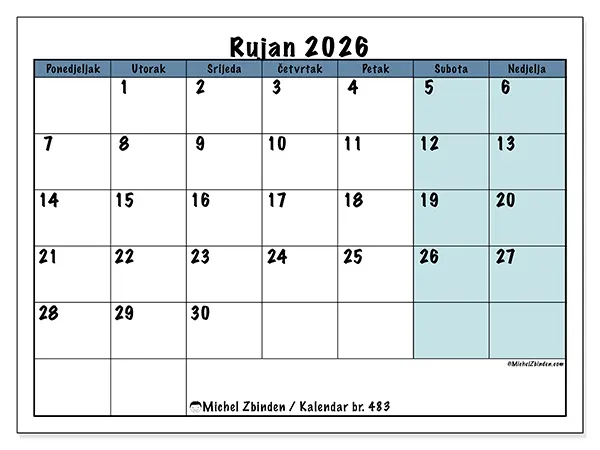 Kalendar rujan 2026 za ispis - Struktura za školu