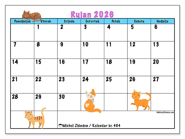 Kalendar rujan 2026 za ispis - Ljubav prema mačkama