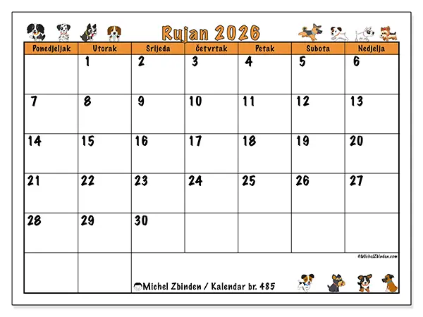 Kalendar rujan 2026 za ispis - Entuzijastični psi