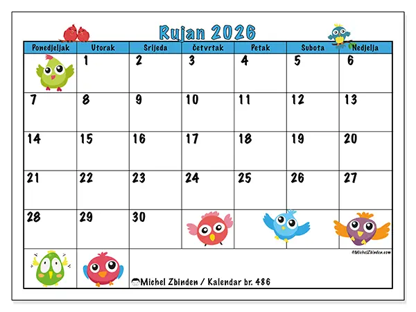 Kalendar rujan 2026 za ispis - Zabavne ptice