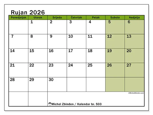 Kalendar rujan 2026 za ispis - Prirodne boje