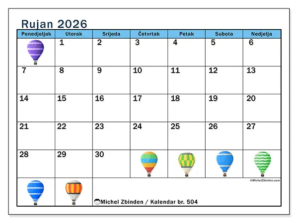 Kalendar rujan 2026 za ispis - Baloni na vrući zrak