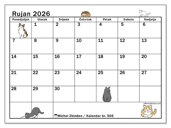 Kalendar rujan 2026 za ispis - Život mačke