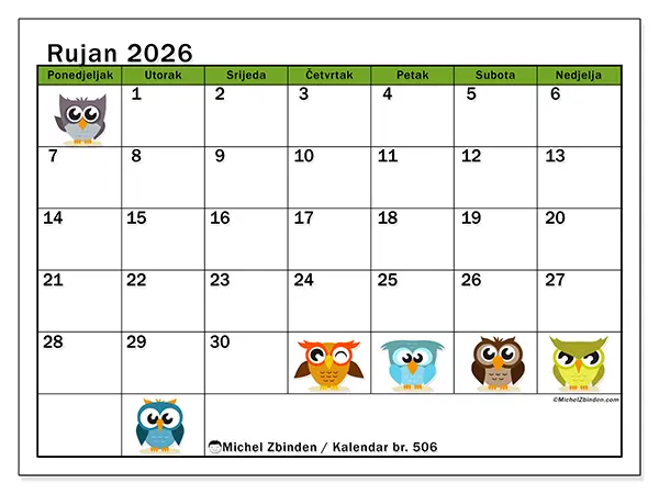 Kalendar rujan 2026 za ispis - Zabavne sove