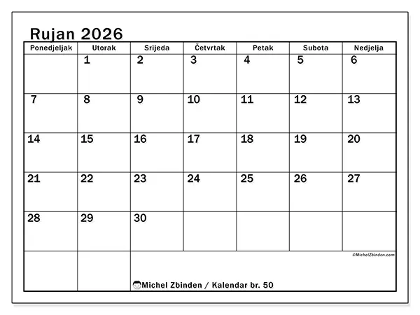 Kalendar rujan 2026 za ispis - Jasan mjesec