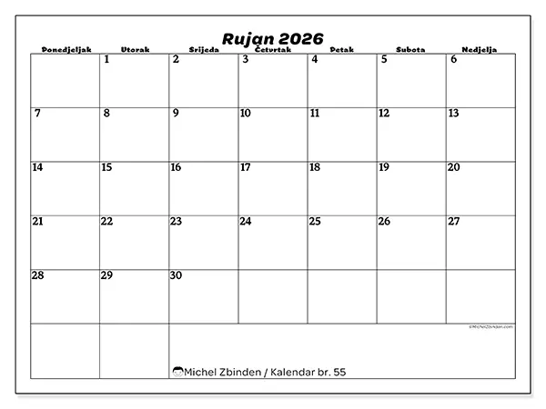 Kalendar rujan 2026 za ispis - Slobodno vrijeme