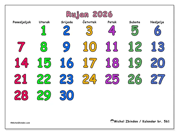 Kalendar rujan 2026 za ispis - Kreativni trenuci