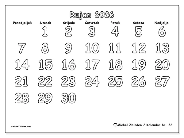 Kalendar rujan 2026 za ispis - Korisno bojanje
