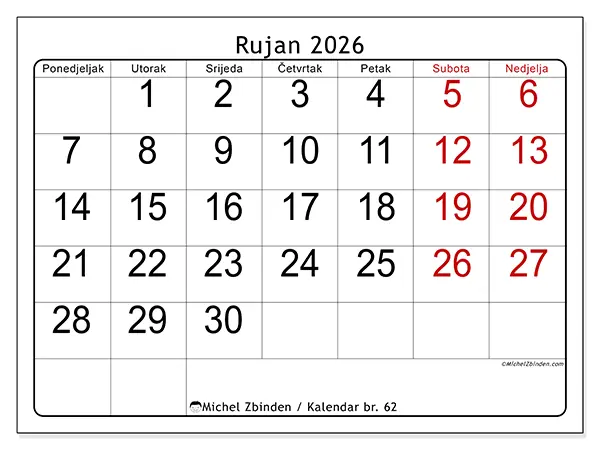 Kalendar rujan 2026 za ispis - Brzi pregled