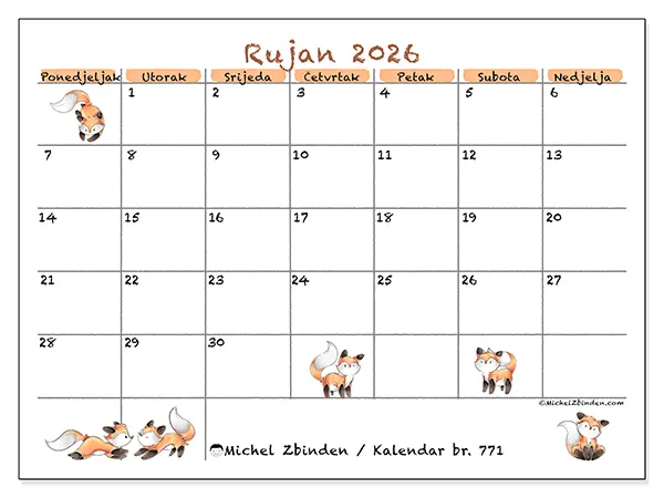 Kalendar rujan 2026 za ispis - Crteži lisica