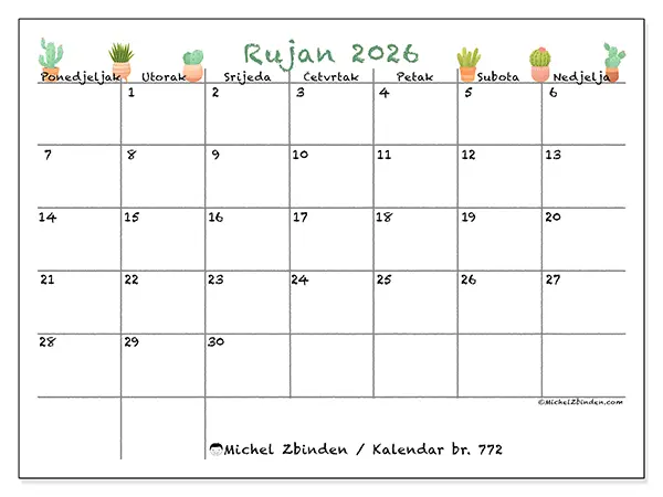 Kalendar rujan 2026 za ispis - Dekorativni kaktusi