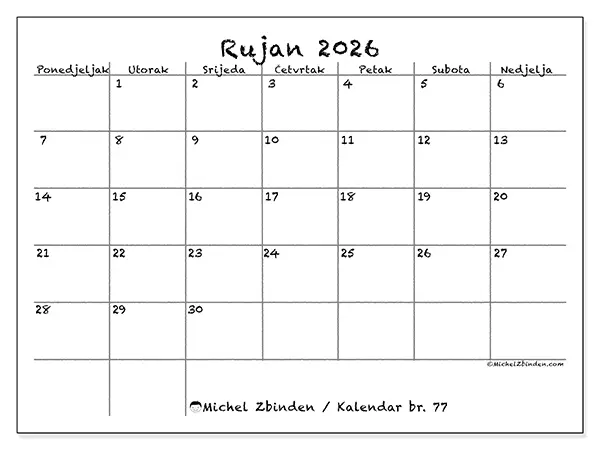 Kalendar rujan 2026 za ispis - Škola i obitelj