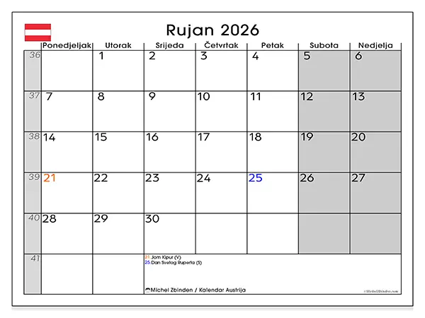 Kalendar rujan 2026 za ispis - Austrija