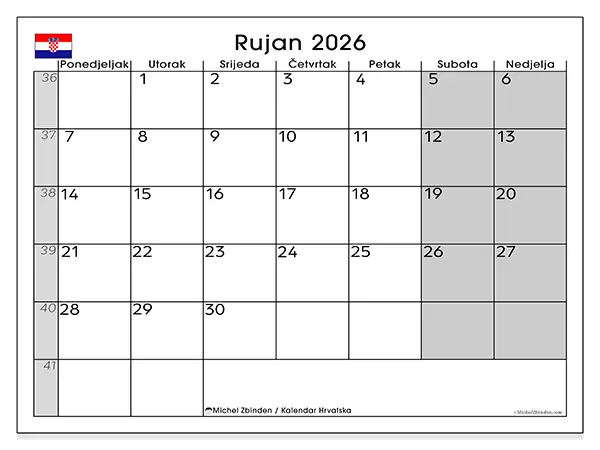 Kalendar rujan 2026 za ispis - Hrvatska