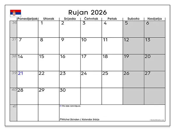 Kalendar rujan 2026 za ispis - Srbija