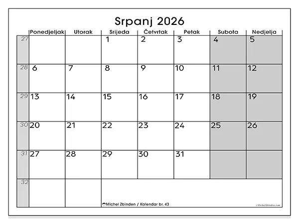 Kalendar srpanj 2026 za ispis - Jasan pregled