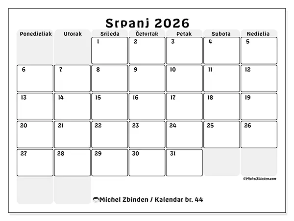 Kalendar srpanj 2026 za ispis - Strukturirano planiranje