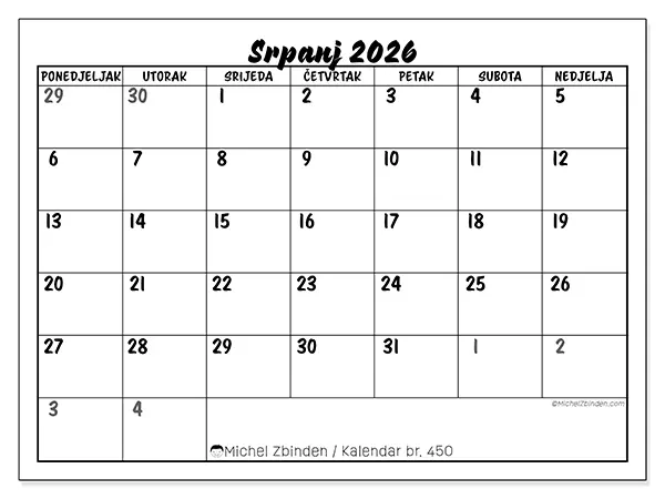 Kalendar srpanj 2026 za ispis - Detaljan model