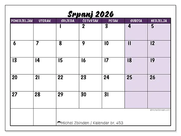 Kalendar srpanj 2026 za ispis - Šareni zadaci