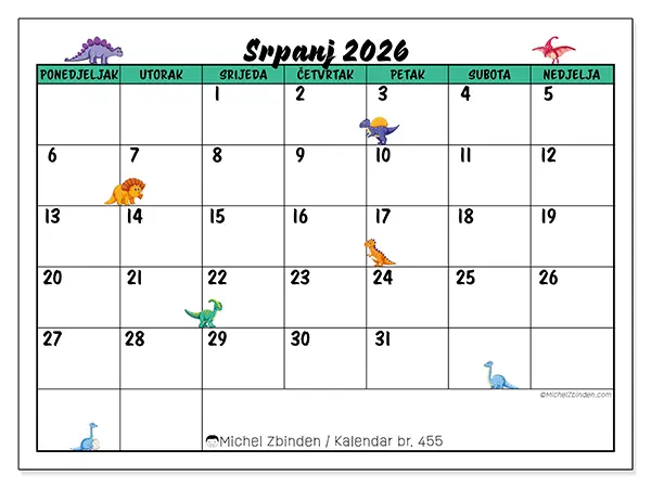 Kalendar srpanj 2026 za ispis - Mali dinosauri