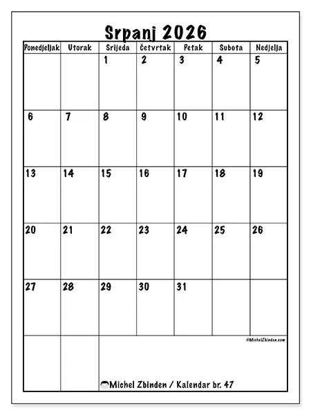 Kalendar srpanj 2026 za ispis - Jasno planiranje