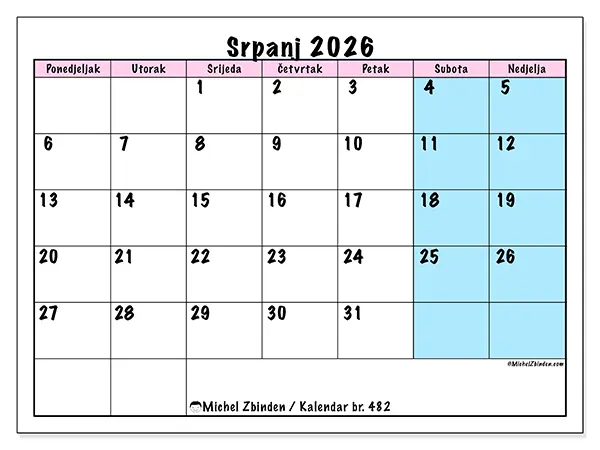 Kalendar srpanj 2026 za ispis - Raspored tima