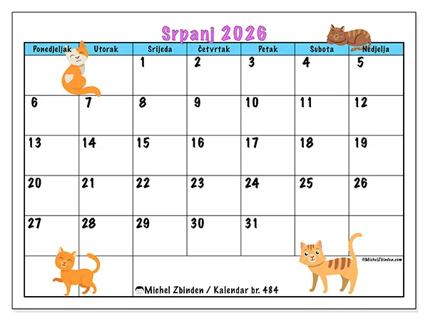 Kalendar srpanj 2026 za ispis - Ljubav prema mačkama