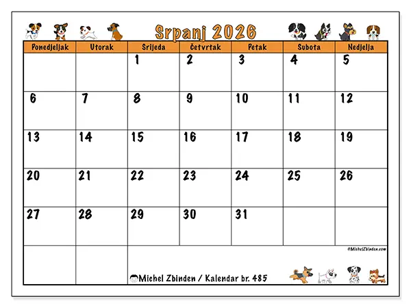 Kalendar srpanj 2026 za ispis - Entuzijastični psi