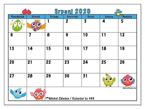 Kalendar srpanj 2026 za ispis - Zabavne ptice