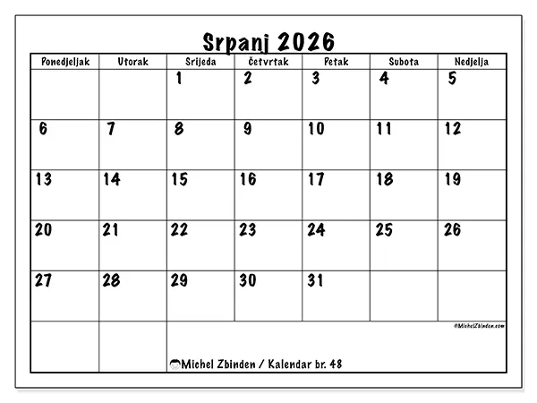 Kalendar srpanj 2026 za ispis - Dnevni planovi