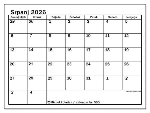 Kalendar srpanj 2026 za ispis - Intenzivno planiranje