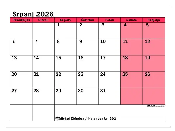 Kalendar srpanj 2026 za ispis - Svijetao izgled