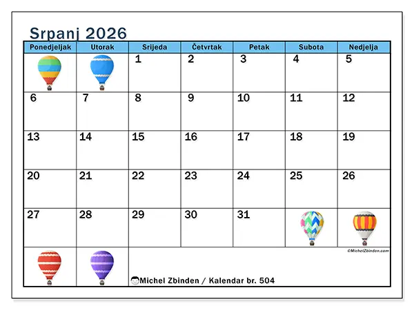 Kalendar srpanj 2026 za ispis - Baloni na vrući zrak