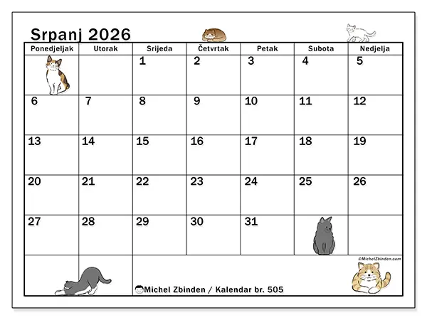 Kalendar srpanj 2026 za ispis - Život mačke