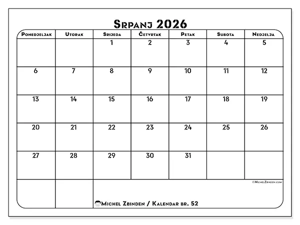 Kalendar srpanj 2026 za ispis - Plan rada