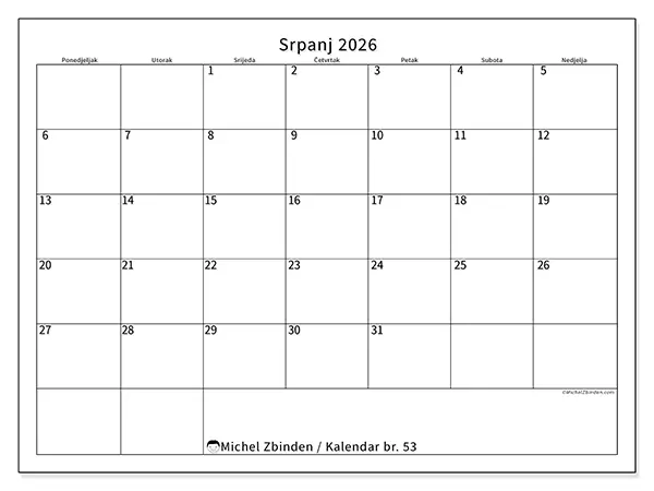 Kalendar srpanj 2026 za ispis - Jasan raspored