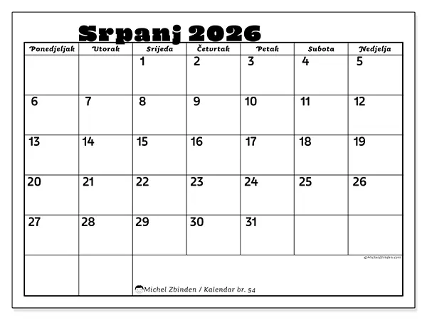 Kalendar srpanj 2026 za ispis - Obiteljske aktivnosti