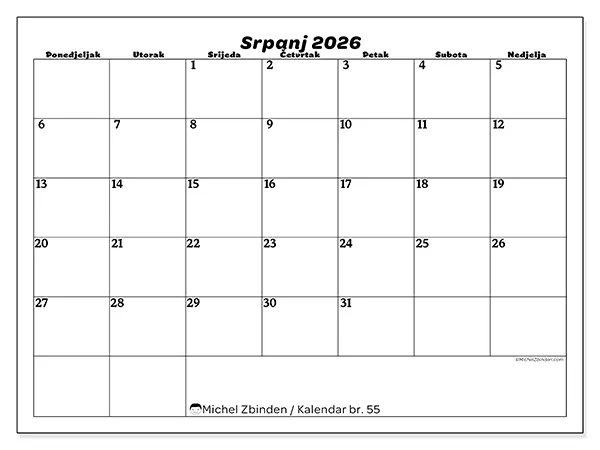 Kalendar srpanj 2026 za ispis - Slobodno vrijeme