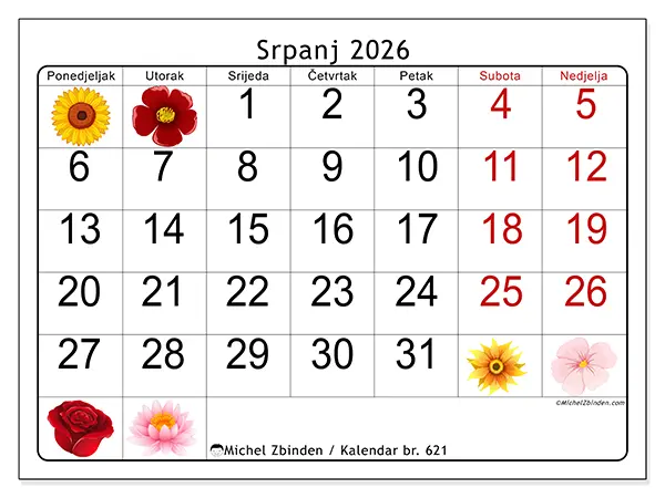 Kalendar srpanj 2026 za ispis - Veliko cvijeće