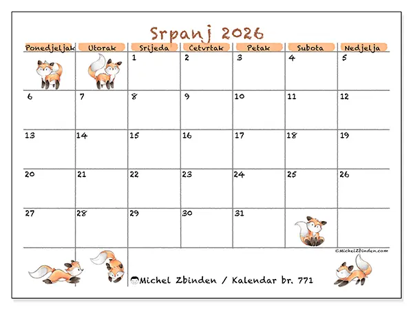 Kalendar srpanj 2026 za ispis - Crteži lisica