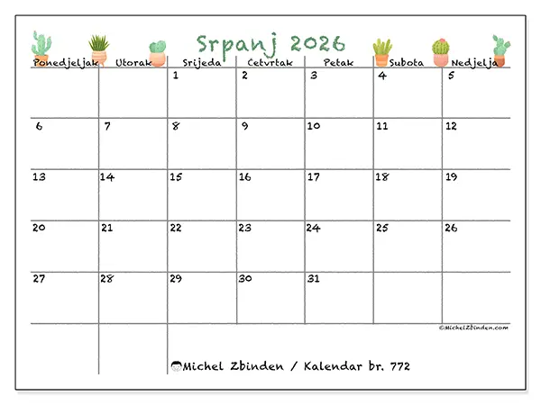 Kalendar srpanj 2026 za ispis - Dekorativni kaktusi