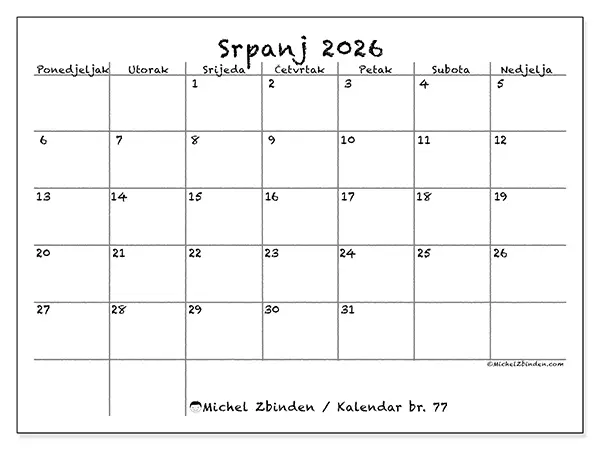 Kalendar srpanj 2026 za ispis - Škola i obitelj