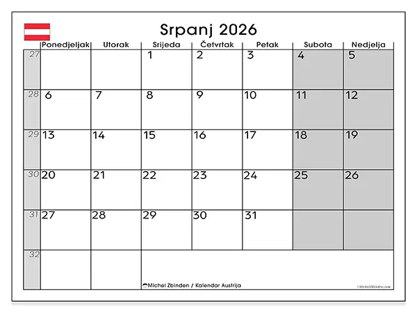 Kalendar srpanj 2026 za ispis - Austrija