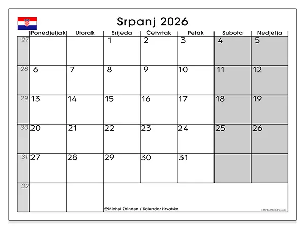 Kalendar srpanj 2026 za ispis - Hrvatska