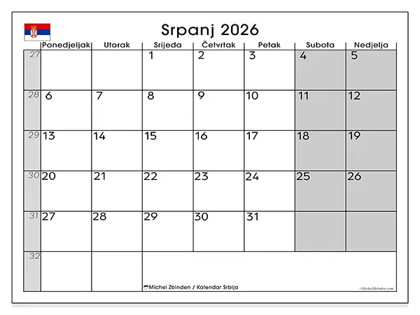 Kalendar srpanj 2026 za ispis - Srbija