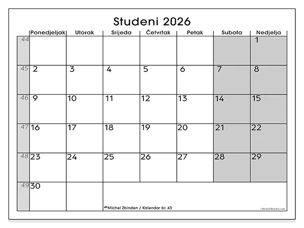 Kalendar studeni 2026 za ispis - Jasan pregled